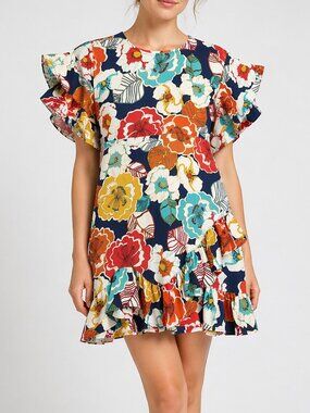 Anthroplogie Uncle Frank Dress Medium Multicolor Floral Ruffle Sleeve Boho
